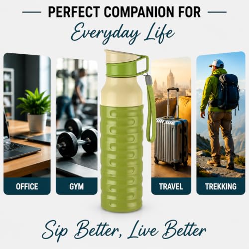 Image of CELLO Puro Steel-X Delta 600 PU Insulated Water Bottle for Office 550 ml Green | Wide Mouth Easy to Carry with Strap Leak Proof Flip Top Lid Inner Steel Water Bottle for School Kids, College & Travel