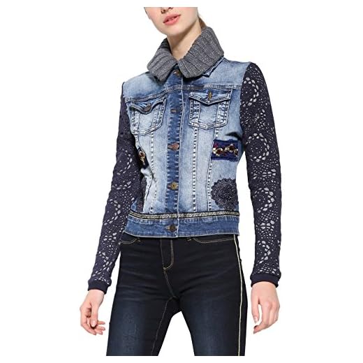 Desigual Chaq_Exotic Crochet, Chaqueta de Mezclilla para Mujer, Azul (Denim Medium Wash 5053), 46