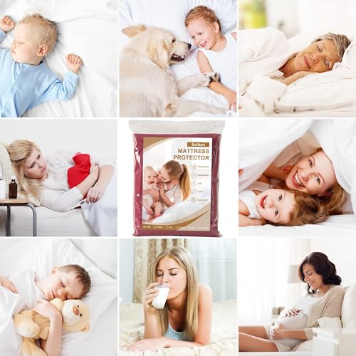Image of 100% Waterproof Mattress Protector | Permium Cotton Mattress Skin Friendly Bed Cover | Breathable & Non-Allergenic Ultra Soft Elastic Fitted Bed Protector | 78x60 Inch, Queen, Maroon