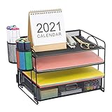 Marbrasse 4-Trays Desktop File Organizer with Pen Holder | Paper Letter Tray with Drawer and 2 Pen Holder | Mesh Office Supplies Desk Organizer for Home Office (Black)