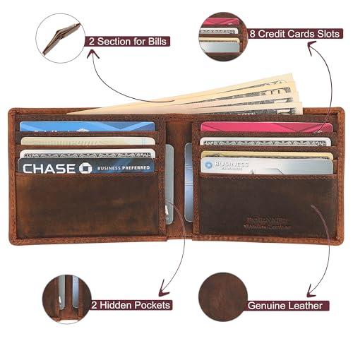 Genuine Leather Mens Bifold Wallet Slim RFID Blocking, 8 Credit Card Slots, 2 Sections for Bills & 2 Additional Slots | Brown3