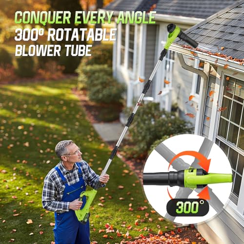 Image of Leaf Blower Cordless, 40V Leaf Blowers with 2 Battery Brushless 300 Rotatable Blower Tube with Adjustable Pole (98inch) 580CFM /180MPH & 2 Speed Gutter Cleaning Tools for Garden，House