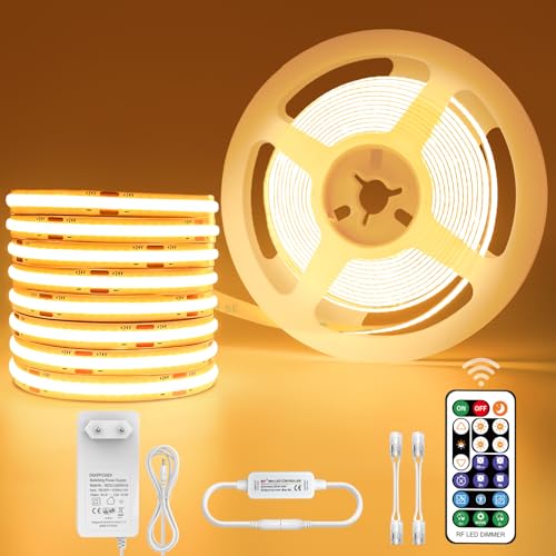 Öuesen Striscia LED COB da 5 m, luce bianca calda, 24 V, dimmerabile, nastro litch, autoadesiva, impermeabile, IP44, striscia luminosa con telecomando e alimentatore di rete, per sottostruttura