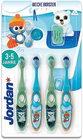 Jordan ® | Step 2 Zahnbürste Kinder | Kinder zahnbürste für 3-5 Jahre | Weiche Borsten, doppelter ergonomischer Griff & BPA-frei | Grüne und Blaue Farbe | Pack 4 Einheiten