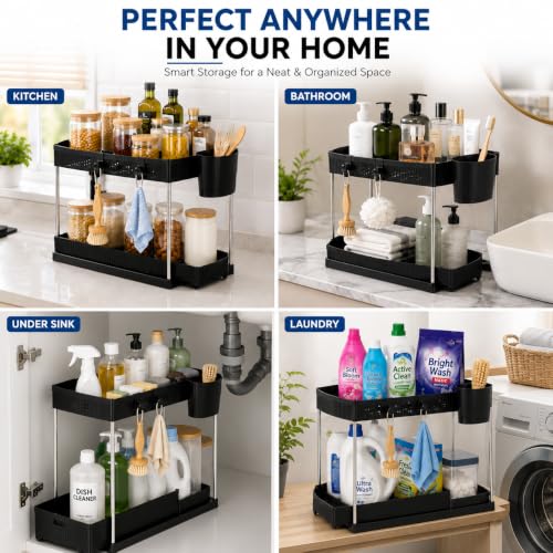 Image of JD Fresh Pack of 1 Under Sink Storage Organizer /Pull Out Cabinet Storage with Hooks & Hanging Cup /2 Tier Plastic Organiser Rack and Sliding Shelf Basket (Black)