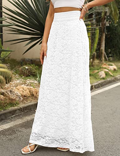 Tanming Women's Fashion High Elastic Waist A-Line Floral Lace Maxi Long Skirts (Small, Pure White) #TOP5