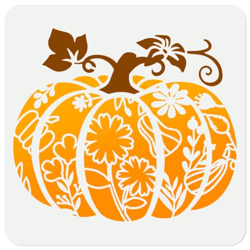 DOODLREAM Patterned Pumpkin Stencil for Painting 11.8x11.8 Reusable Fall Flower Pumpkin Stencil Drawing Template Autumn DIY Craft Paint Template for Wall Home Decor Wood Burning Journal Canvas