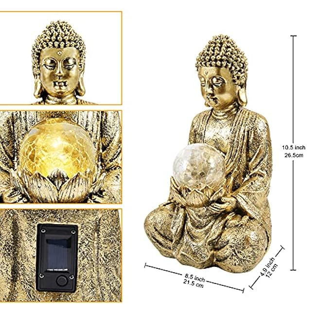 Nacome Meditating Buddha Statue with Solar Light,Zen Solar Garden Buddha with Cracked Glass Ball Sculpture-Indoor/Outdoor Decor for Balcony,Garden,Patio,Porch Yard Art Ornament,10.5 inch(Gold)