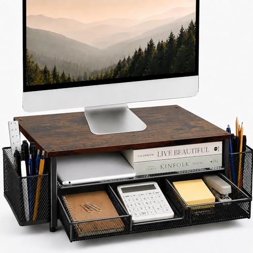Computer Monitor Stand Riser with Storage 2-Tier Wooden Desk Organiser and Accessories with Drawer & 2 Pen Holders Ergonomic Desktop Stand for Printer iMac & Office Desk Accessories Brown
