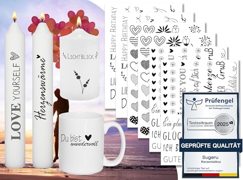 Sugeru 6 PCS Kerzentattoo (200+ Muster) Wassertransferdruck |wasserschiebefolie kerzen | Kerzenfolie | kerzenaufkleber sticker | Kerzen dekorieren