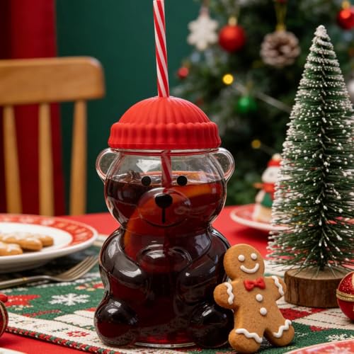 Image of New Glass Bear Straw Cup 600ML Cute Bear Glass Tumbler with Reusable Straw - Viral Animal Design for Smoothies, Boba & Iced Coffee (Orange)