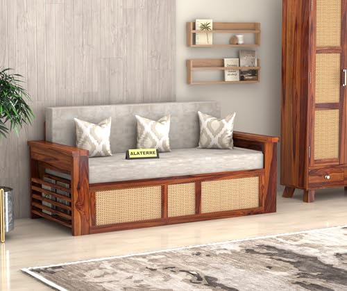 Image of Solid Sheesham Wood Sofa Cum Bed with Cane Rattan Design | Convertible Sofa Bed for Living Room & Bedroom (Honey Finish)