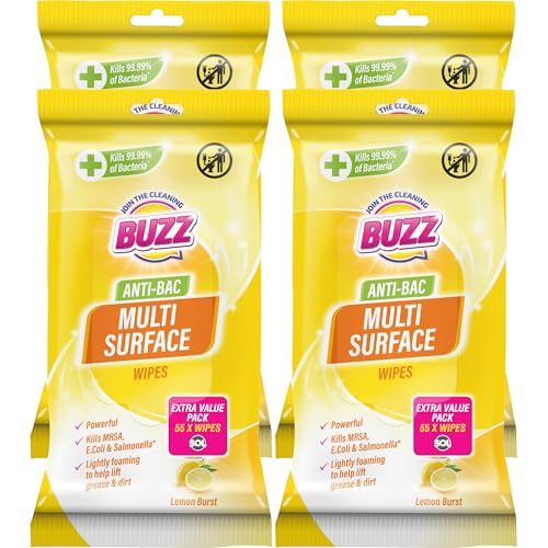 Buzz 220pk Multi Surface Wipes, Lemon Scent Household Multipurpose Cleaning Wipes for Kitchen, Bathroom & Floor, Quick & Easy Cleaning Spill Cleanup for Fresh Smelling Home & Office (4 x 55pk)