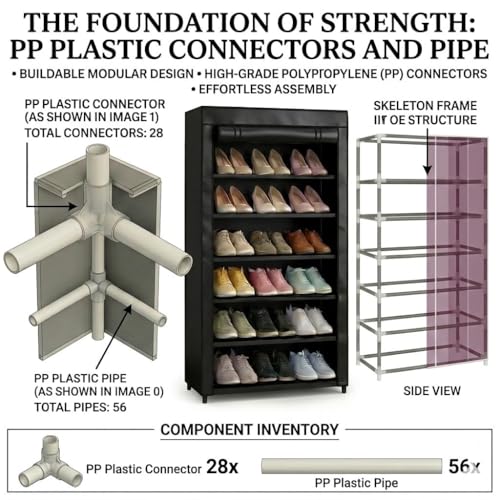 Image of GOLABROS Shoe Rack with Cover | Plastic Rack 6 Shelves with Zip Cover & Side Pockets | Dustproof Multiuse Storage Organizer for Footwear, Toys, Shoe Rack Plastic, Slipper Stand, Black