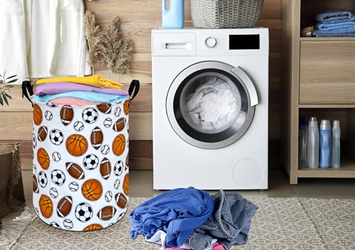 Image of Round Colorful Basketballs Pattern Laundry Hamper Storage Basket Fabric Material Storage Hamper Organization Basket, Storage Bin, Gift Box with Handles for Room