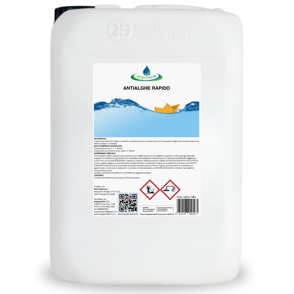 acquaverde | Antialghe Rapido Liquido, Alghicida Concentrato non Schiumogeno Contro la Formazione delle Alghe e per Mantenimento Acqua di Piscina, 25 kg