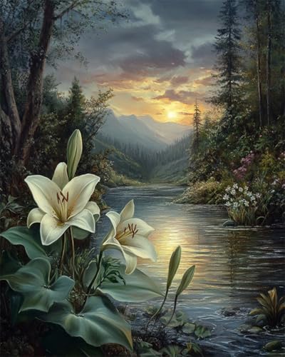 Kit broderie perlée fleurs et paysage 50x60cm pour canevas tapisserie