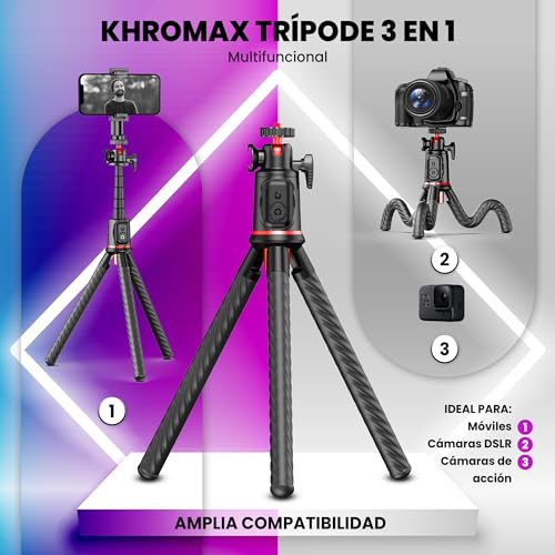 KHROMAX Trípode Flexible 3-en-1 con Selfie Stick Extensible 64 cm + Control Bluetooth, Compatible Phone/Android - imagen 2