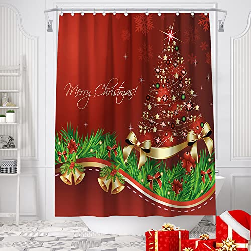 Sparklia Red Christmas Shower Curtain, Christmas Tree Bells Shining Stars Colored Balls Merry Xmas Bath Curtain Waterproof Polyester Fabric Set With 12 Hooks - 72" X 72" #TOP1