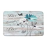 Farmhouse Floral Bath Mat Rustic Teal Daisy Flower Inspirational Quotes Butterfly Country Barn Woode