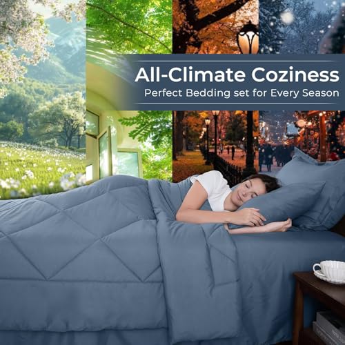 HEVUMYI Dusty Blue Twin Comforter Set - 5-Piece All Season Bed in a Bag Twin, Ultra Soft Bedding Set with Comforter, Flat Sheet, Fitted Sheet, Pillowcases, Pillow Shams