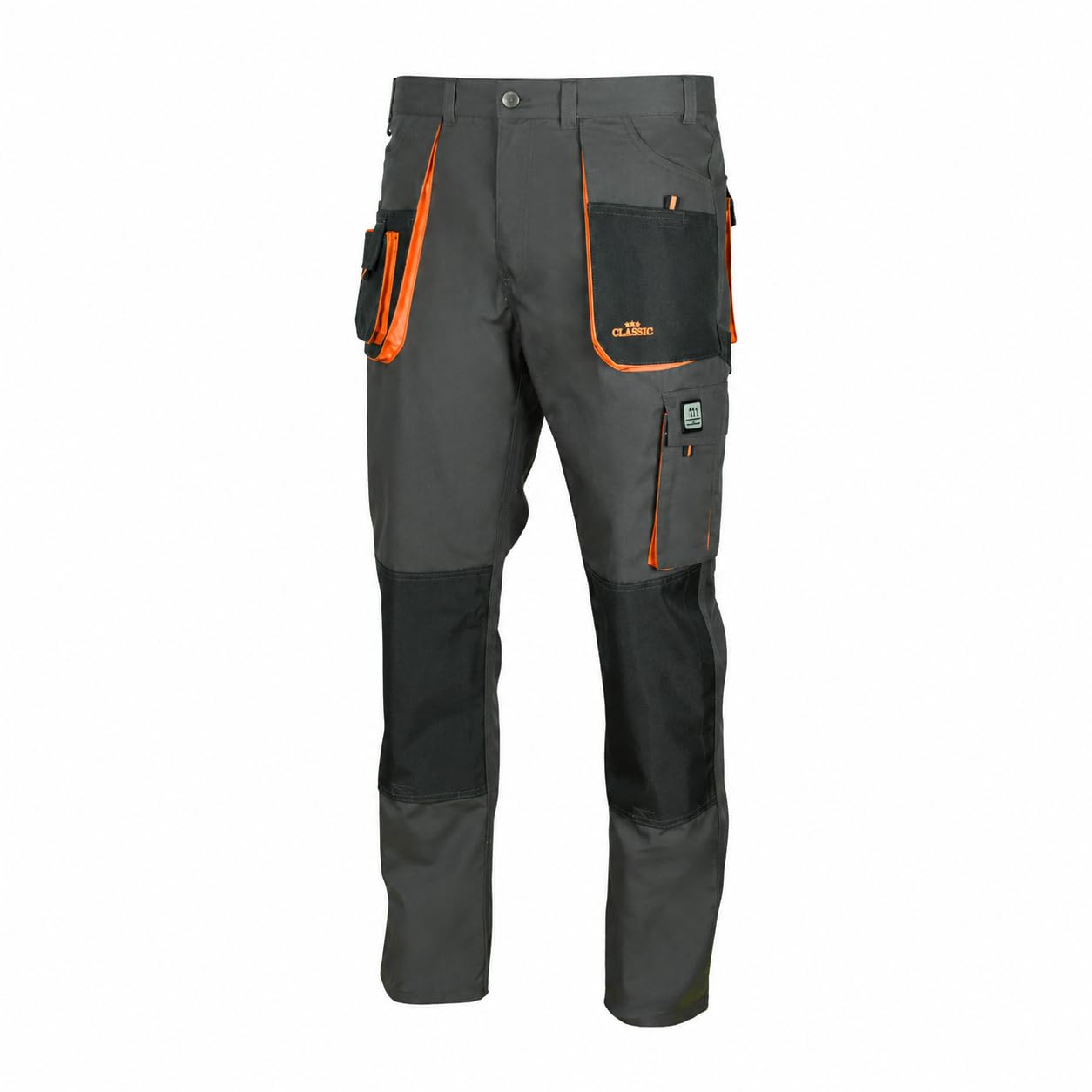 ART.MAS Classic Mens Multi Pocket Cargo Heavy Duty Pro Work Trousers, Triple Stitched Cordura Reinforcing Stress Points Knee Pad Pockets, Grey-Orange (30/32, NO Knee Pads)