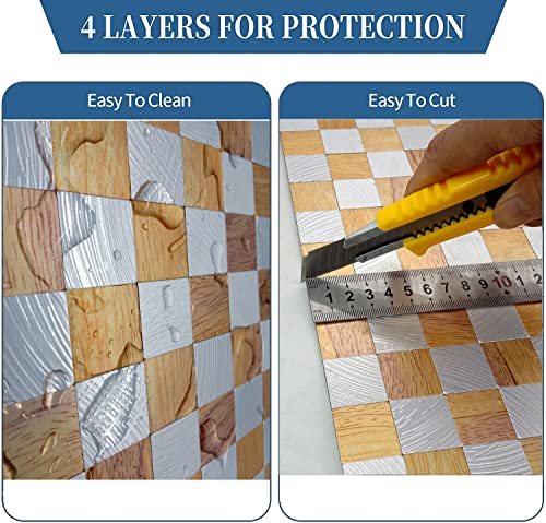 Ymmxge Peel And Stick Backsplash For Kitchen， Metal Aluminum Mosaic Self Adhesive 3D Wall Sticker Panel 11.81"X11.81"X0.15" , 4.8 Sq.ft (5, Silver Relief And Yellow Wood) #TOP3