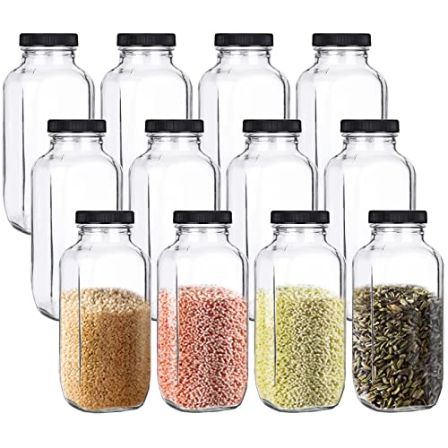 Yesland Lot de 12 pots de conservation de 500 ml avec couvercle en plastique - Bouteilles carrées transparentes pour ranger les herbes, épices, boissons, jus, Noir,transparent Cover
