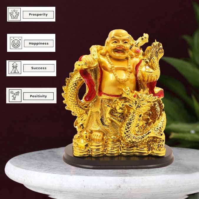 Image of Spillbox Resin Golden Happy man Statue|Laughing Buddha|Feng Shui|Show Piece|Gift Item |Vastu|Decorative Showpiece for Home Decor|Office Desk Table (Happy Man with Dragon)
