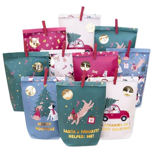 Papierdrachen Adventskalender 2025 - Hunde - zum selbst Befüllen – 24 bunte Papiertüten mit Zahlenaufklebern und Holzklammern - DIY - Weihnachten - Kinder und Erwachsene