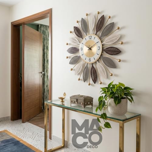 Image of Big Size Sunburst Design Wall Clock for Hall, Modern Gold Tone Dial Silent Analog Clock for Living Room, Bedroom, Stylish Decor