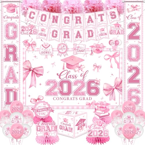 Pink Bow Graduation Decorations 2026 Set All-in-1 Coquette Kit with Congrats Grad Banner Class of 2026 Backdrop Porch Sign Balloons Centerpieces Card Box Pom Poms Streamers for College High School