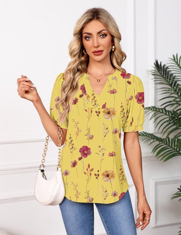 Womens Tops Puff Short Sleeve Shirts Dressy Casual Henley V-Neck Summer Tops Pleated Ladies Tunic Blouses 2026 - Image 2