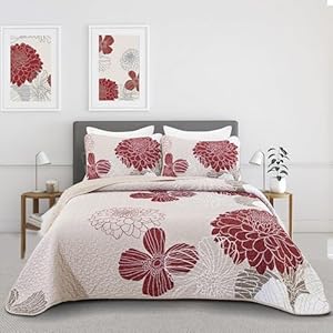 Red Floral Quilt Set Queen Size – 3 Piece Red Flower Pattern Bedspreads, Reversible Lightweight Microfiber Burgundy Quilts Bedding Set with 2 Pillowcases, All Season Quilted Coverlet Set (96”x90”)