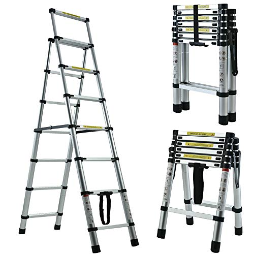 Aluminium Step Ladder with Handrail, 2M - 2.3M Telescopic Ladder Lightweight Folding Steps Extension Ladder A-frame Ladder for Household DIY Work (6 + 7 Steps)