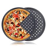 Tiamu Pizzablech Rund 28cm mit Löchern, Knusperblech Backblech Antihaftbacken aus Kohlenstoffstahl für Pizza & Flammkuchen, 2er Set Pizzapfanne Gelocht für Backofen knusprige Kruste