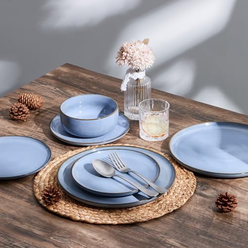 Joyfair Geschirrset 6 Personen, 18-tlg Steinzeug Tafelservice Set, Kratzfest Reaktive Glasur Geschirr Set mit Speiseteller, Dessertteller, Müslischalen, Mikrowellen- & Spülmaschinenfest, Ozean Blau