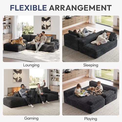 Yaheetech 110" Modular Sectional Sofa Corduroy Boneless Couch with Chaise L-Shape Cloud Couch with Detachable Pillows No Assembly Sofa for Living Room, Dark Gray - Image 4