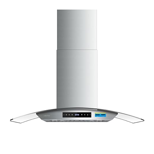 Island Range Hood 36 Inch Ceiling Mount, 1200 CFM Quiet DC Motor with 8-Speed, Stainless Steel Glass Vent Hood with Gesture & Touch Control, Adjustable Lighting & Memory Function