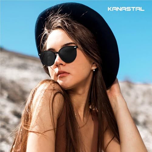 KANASTAL Black Round Sunglasses Womens Polarised Ladies Dark Classic Trendy Vintage UV 400 Protection Vacation Travel Outdoor - Bright Black Frame - Image 3