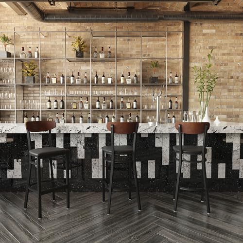 Image of Flash Furniture Wright Commercial Barstool - Walnut Finish Wood Boomerang Back - Black Vinyl Seat - 500 LB. Capacity Black Steel Frame - Integrated Footrest