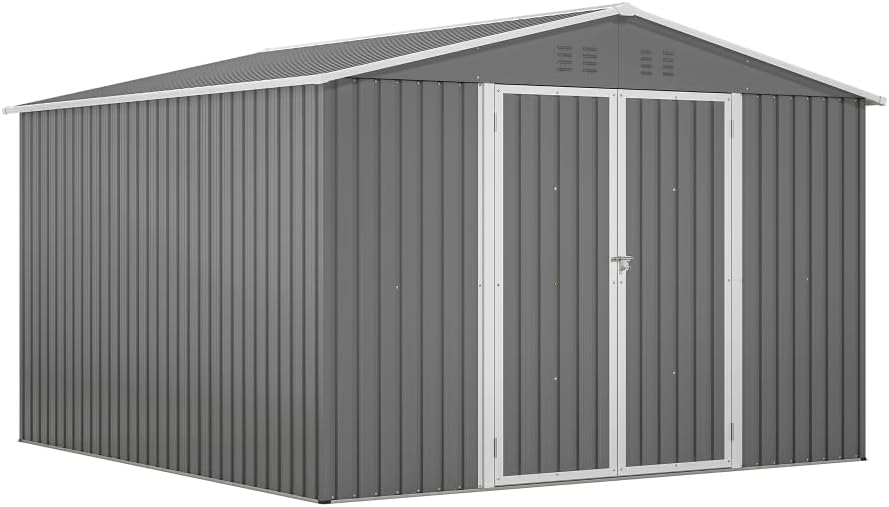 Heavy-Duty Outdoor Storage Shed with Reinforced Steel Frame, Weather-Resistant Galvanized Metal Walls, Lockable Double Doors for Garden, Patio and Lawn Use (Gray + Metal-1)