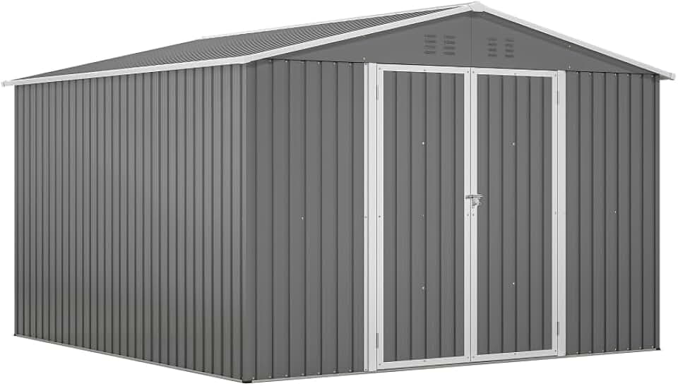 Heavy-Duty Outdoor Storage Shed with Reinforced Steel Frame, Weather-Resistant Galvanized Metal Walls, Lockable Double Doors for Garden, Patio and Lawn Use (Gray + Metal-1)