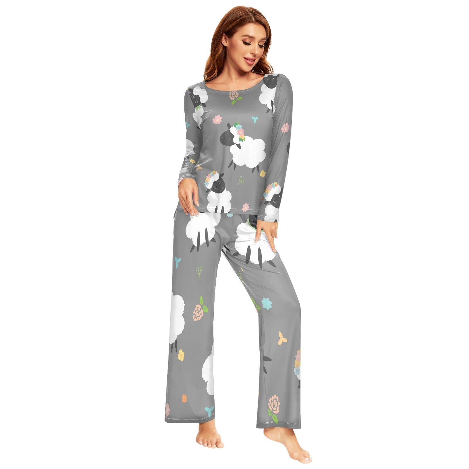 Youjuner Women's Multicolor Pyjamas Sets For Cute Sheep Pattern Long Sleeve Sleepwear Loungewear Set Pjs Nightwear Set