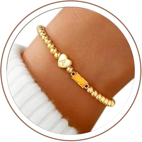 M MOOHAM Initial Birthstone Bracelets for Women, Dainty Letter A Heart Initial B