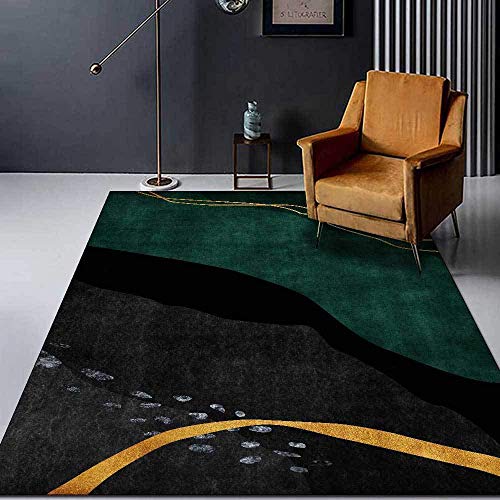 Bluemeow Home Modern Area Teppich Wohnzimmer Waschbarer Soft Touch Teppich Abstrakte grüne geometrische goldene Linien für Flure Wohnzimmer