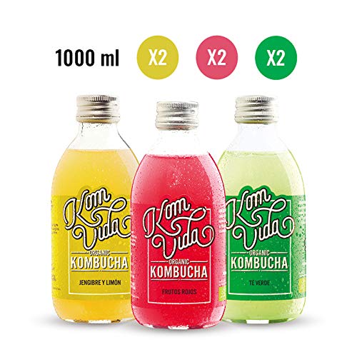 Té kombucha. Komvida. Kit sabores originales. 6 botellas de kombucha. 1 litro