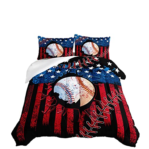 HOSIMA Baseball Comforter Set,Sports Comforter Sets for Boys Kids Teens Bedroom Decor,American Flag Comforter and Baseball Print Bedding Set with 2 Pillowcases,Twin Comforter Set.