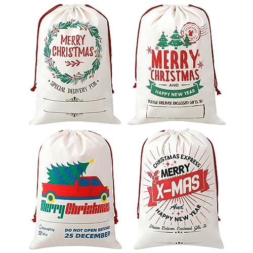 Faylapa 4 Pack Christmas Gift Bags Large Santa Sacks, Christmas Canvas Bags with Drawstrings Reusable Designs,19.6 X 27.5 Inch Xmas Present Bag