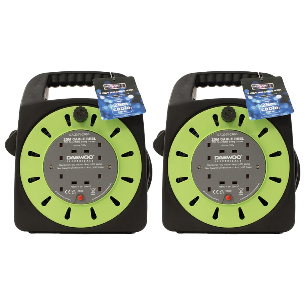 M1ss Green (Pack Of 2) 4 Way Mains Socket With 25M Extension Lead Reel Cable With Termal Cut-Out Switch - Heavy Duty British Approved 13A For Workshops Home Use Diy And More - 25 Meter